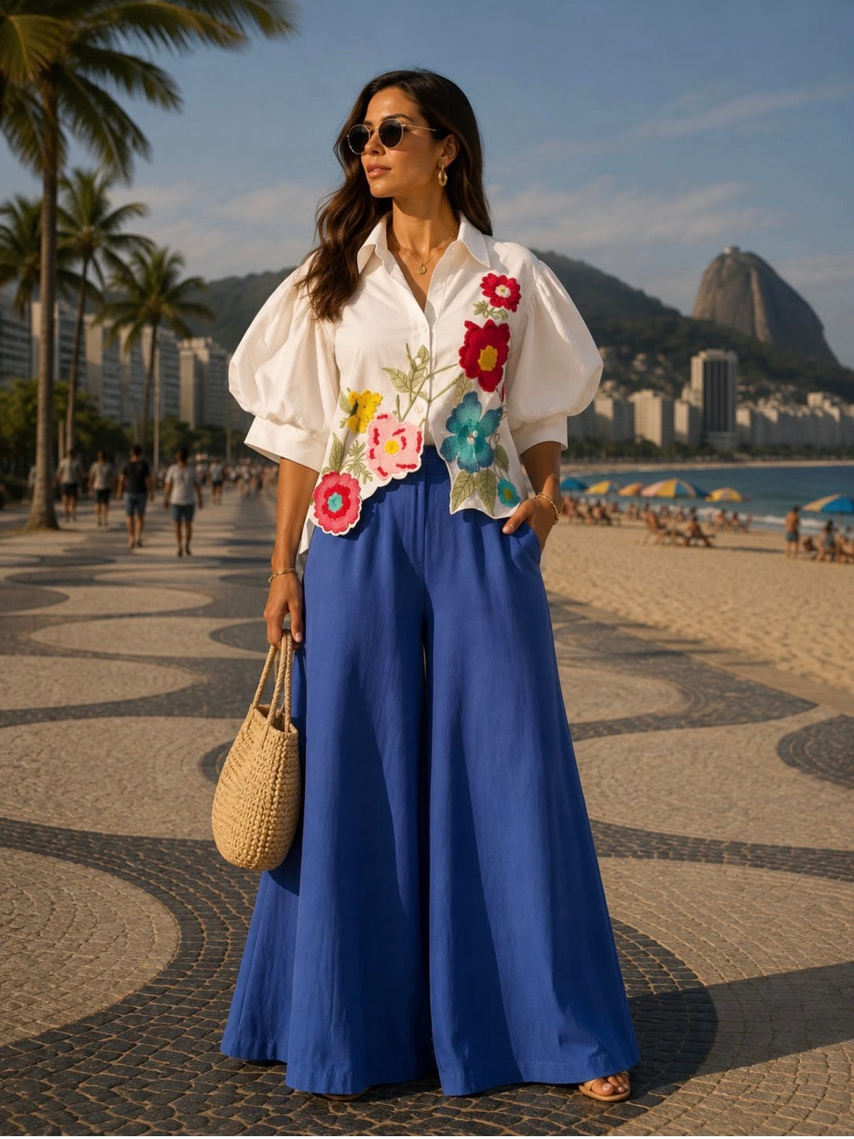Blusa Blanca con Bordado Floral Multicolor y Mangas Abullonadas