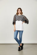 Blusa Blanca con Encaje Negro para Mujer/Blusa Elegante Casual Chic en panamá