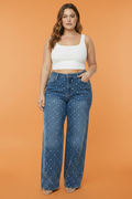 Pantalón Jeans Plus Size Wide Leg con Perlas/Moda Curvy para Mujer en Panamá