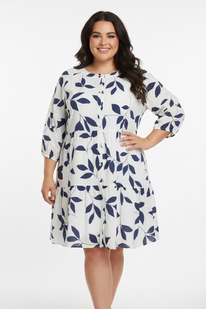 Vestido Casual Estampado Plus Size para Mujer en Panamá/Vestido Fresco y Elegante Azul y Blanco