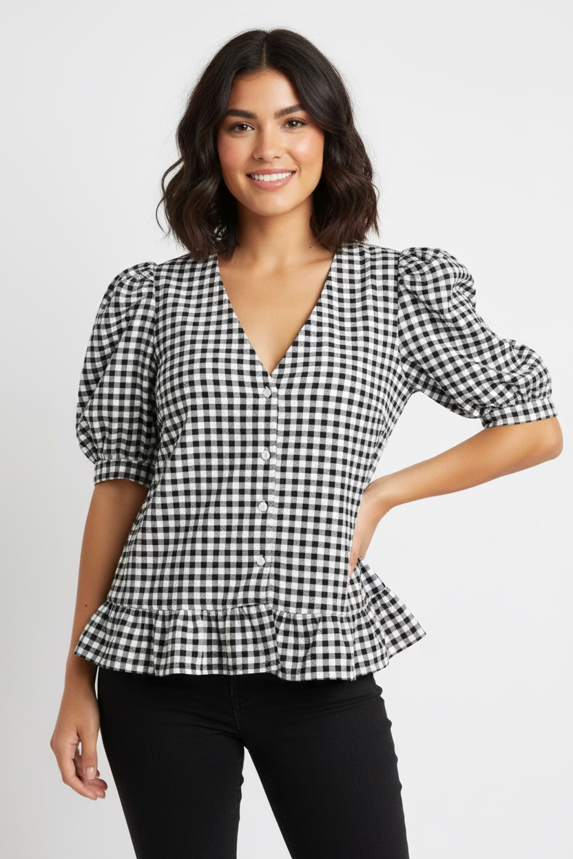 Blusa Cuadros Vichy Negra y Blanca para Mujer/Blusa Casual Chic en Panamá
