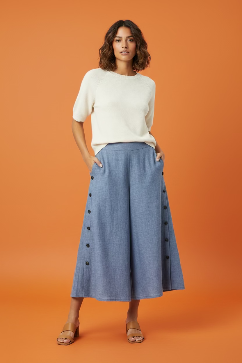 Pantalón Palazzo Azul gris de Mujer/Pantalón Casual Elegante con Botones en Panamá