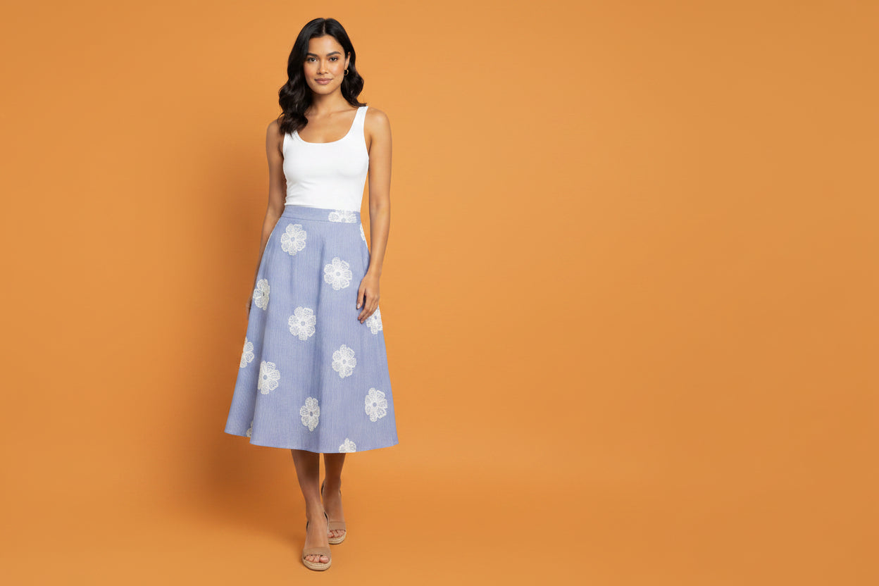 FALDA MIDI FLORAL AZUL PARA MUJER/ FALDA ELEGANTE Y CASUAL EN PANAMA