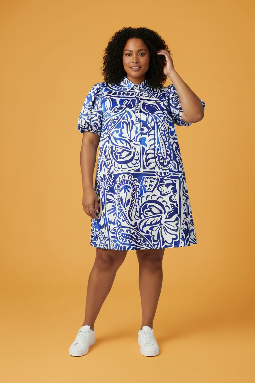 Vestido Plus Size Estampado Azul y Blanco para Mujer | Vestido Casual con Mangas Abullonadas | Boutique Panamá