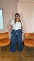 Pantalón Denim Palazzo Rayado de Mujer Azul | Wide Leg con Cintura Elástica en Panamá