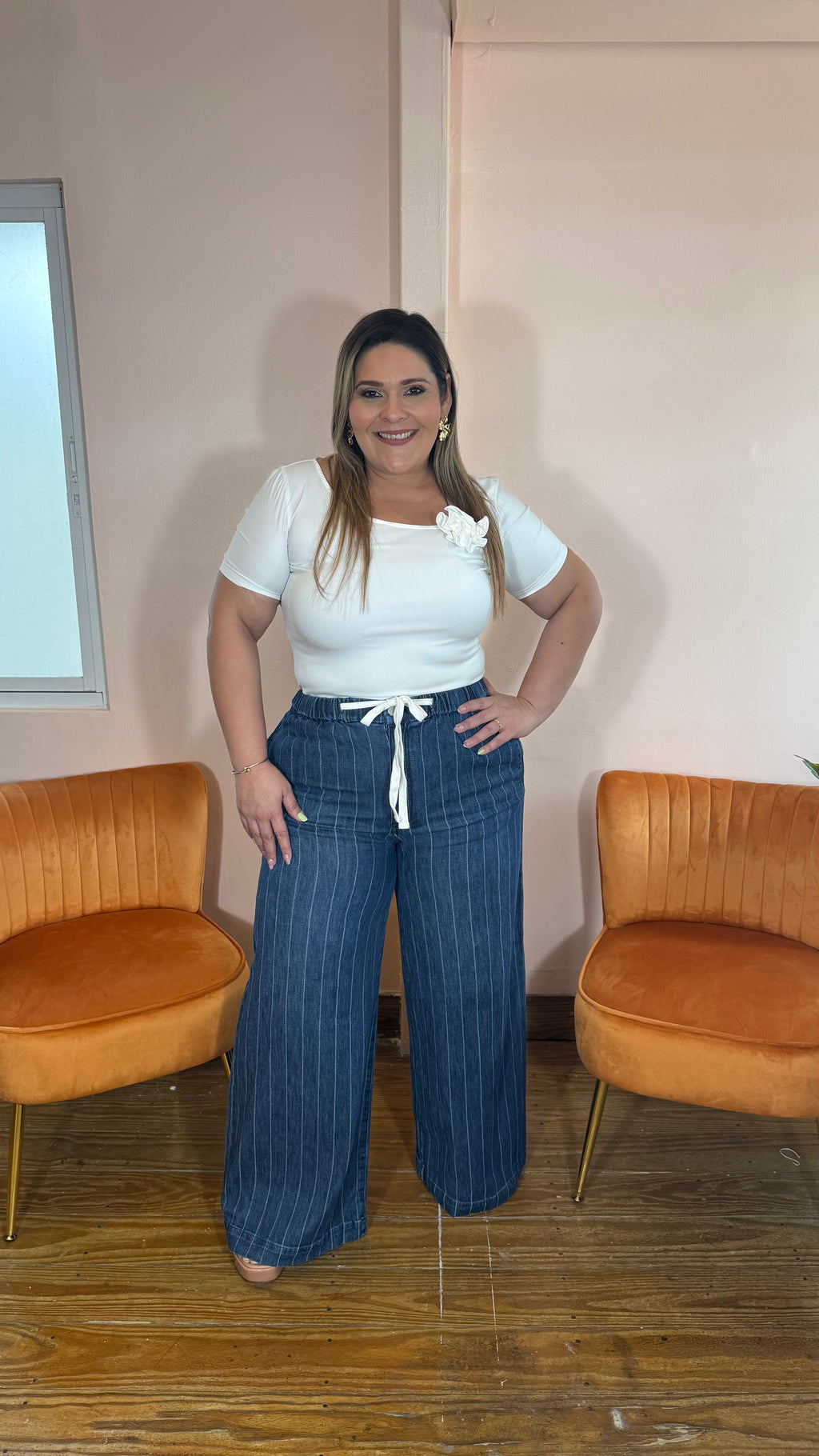 Pantalón Denim Palazzo Rayado de Mujer Azul | Wide Leg con Cintura Elástica en Panamá