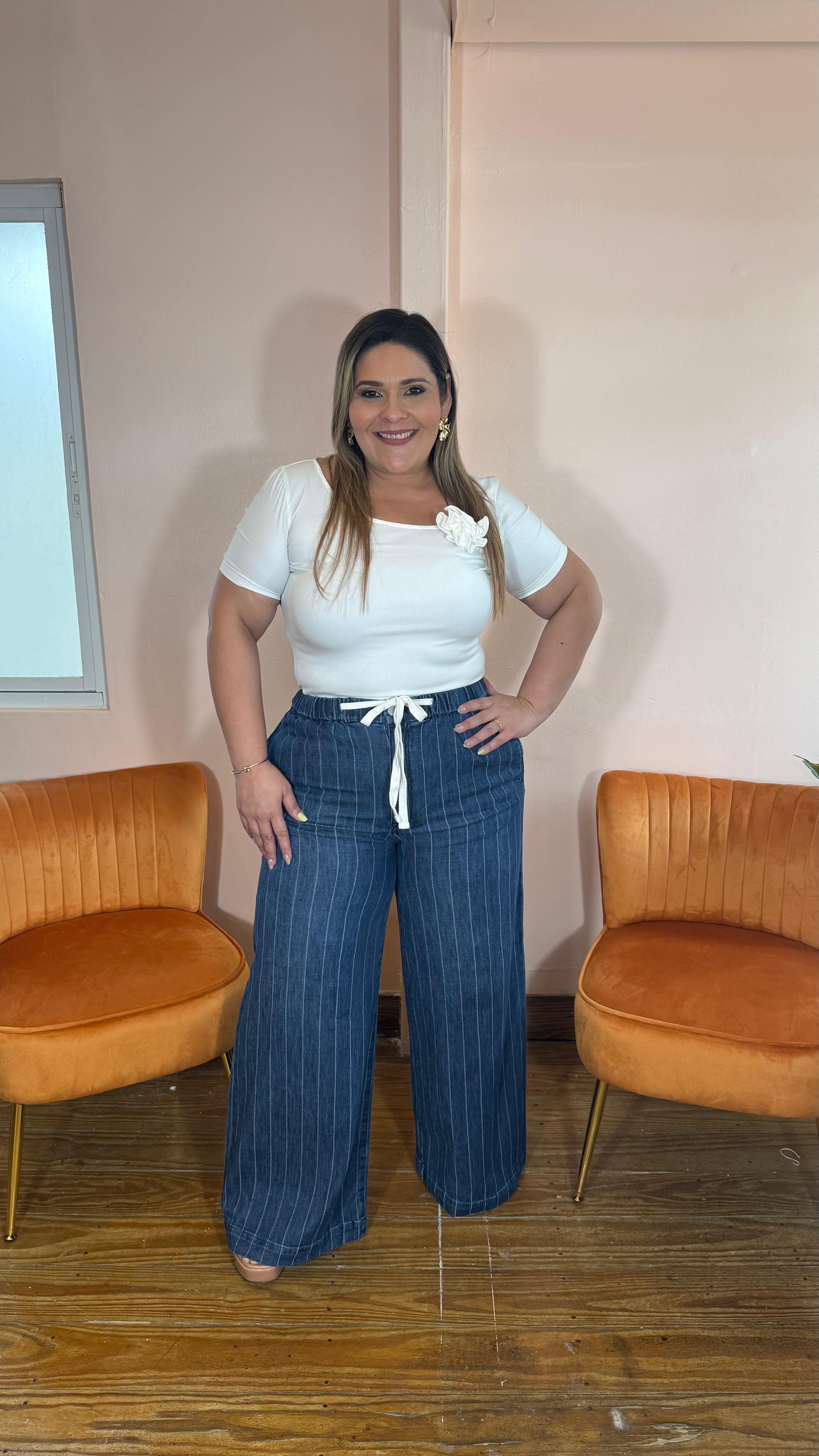 Pantalón Denim Palazzo Rayado de Mujer Azul | Wide Leg con Cintura Elástica en Panamá