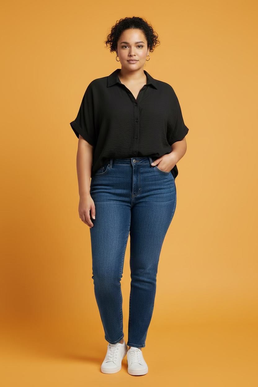 BLUSA PLUS SIZE NEGRA DE GASA MANGA CORTA TIPO CAMISERO/ROPA DE MUJER BOUTIQUE PANAMA
