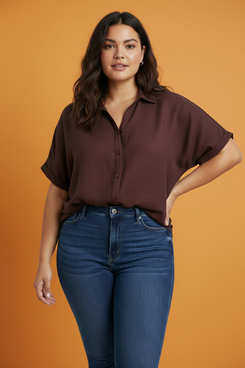 Blusa Plus Size Chocolate De Gasa Manga Corta Tipo Camisero/ Ropa De Mujer Boutique Panama