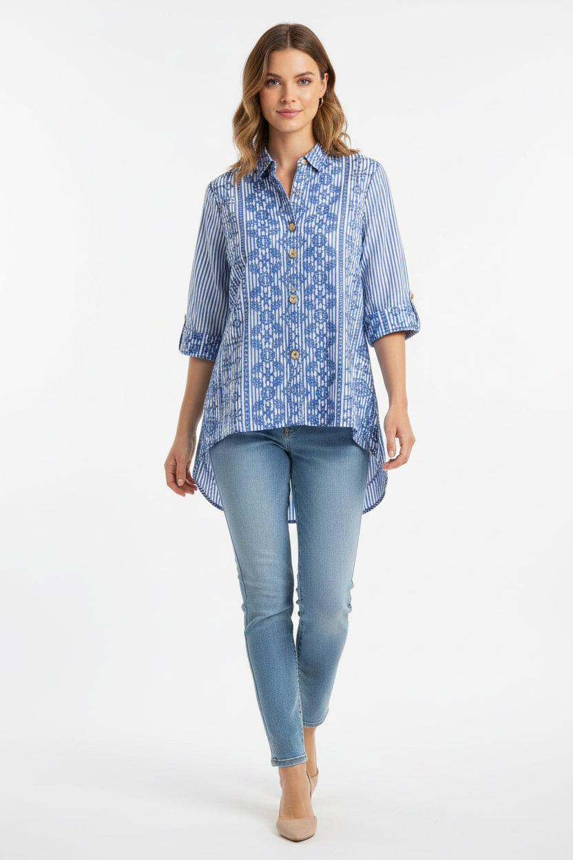 Blusa Camisera Rayas Azul Con Bordado Para Mujer