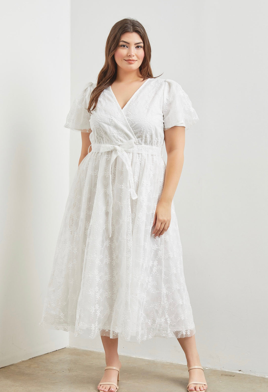Plus Size White Embroidery Midi Dress