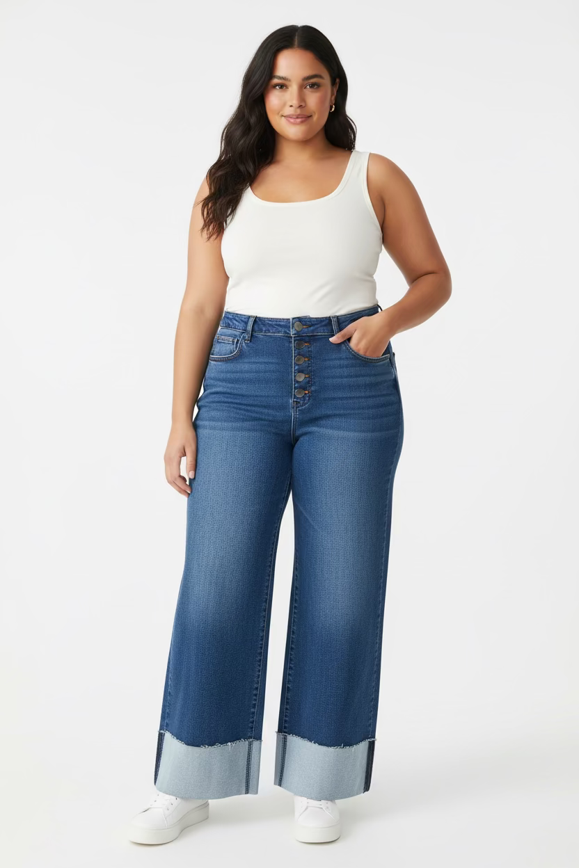 Jean Plus Size Wide Leg Tiro Alto con Botones Frontales