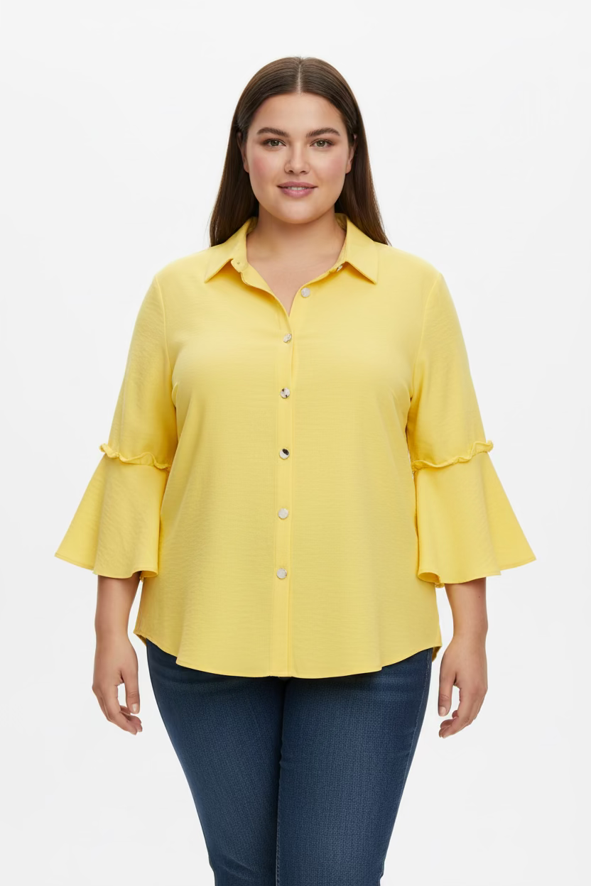 Blusa Plus Size Amarilla para Mujer con Manga Volante y Botones-Blusa Fresca y Elegante/ Ropa Femenina en Panamá