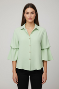 Blusa Plus Size Verde para Mujer con Manga Volante y Botones-Blusa Fresca y Elegante/ Ropa Femenina en Panamá