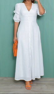 WHITE V NECK LONG DRESS