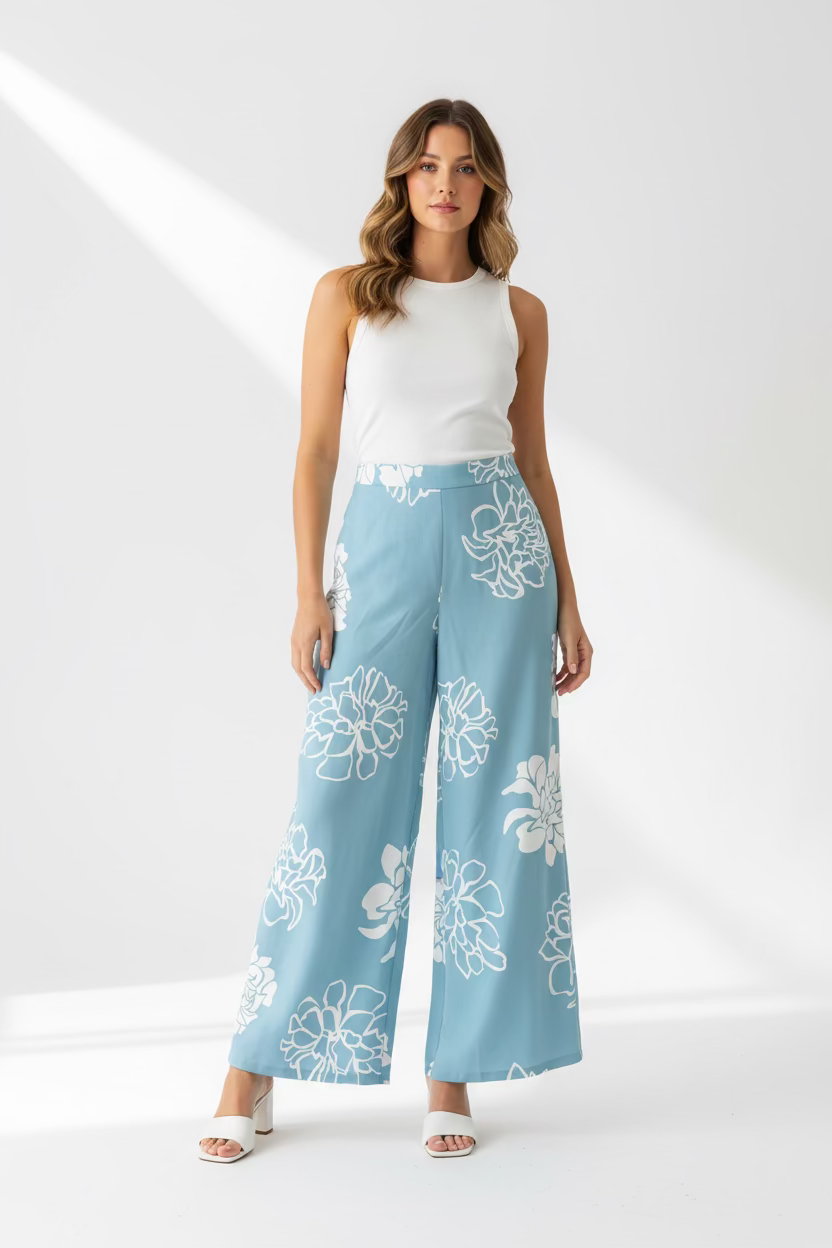 Pantalón Palazzo Azul Floral para Mujer en Panamá/Pantalón Elegante de Pierna Ancha y Tela fresca