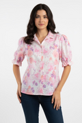 Blusa Floral Elegante para Mujer en Panamá/ Camisa Rosada con Mangas Abullonadas y Botones frontales