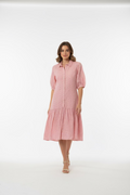 Vestido Rosado Bordado para Mujer – Vestido Casual de Verano con Botones y Cuello | Moda Femenina en Panamá