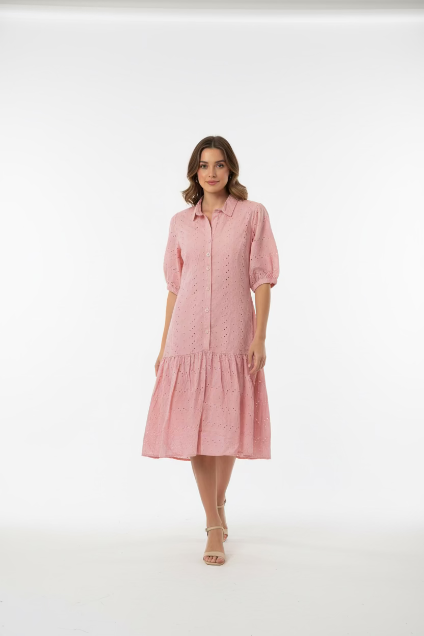 Vestido Rosado Bordado para Mujer – Vestido Casual de Verano con Botones y Cuello | Moda Femenina en Panamá