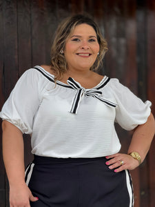 BLACK & WHITE OFF SHOULDER BOW BLOUSE