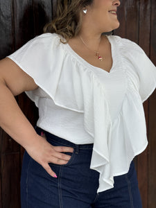 WHITE FRONT RUFFLE BLOUSE