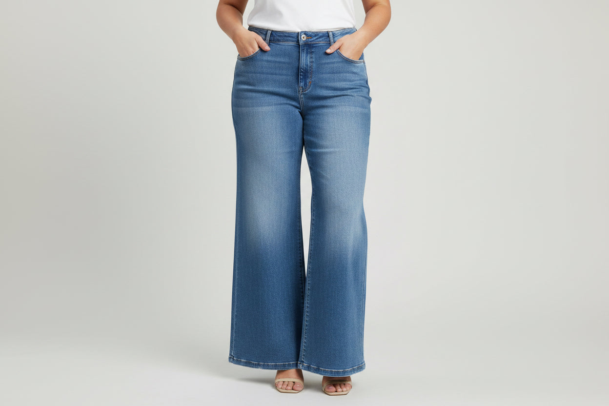 Jeans Mujer Wide Leg Azul Medio Tiro Alto | Pantalón Denim Recto Elegante Panamá