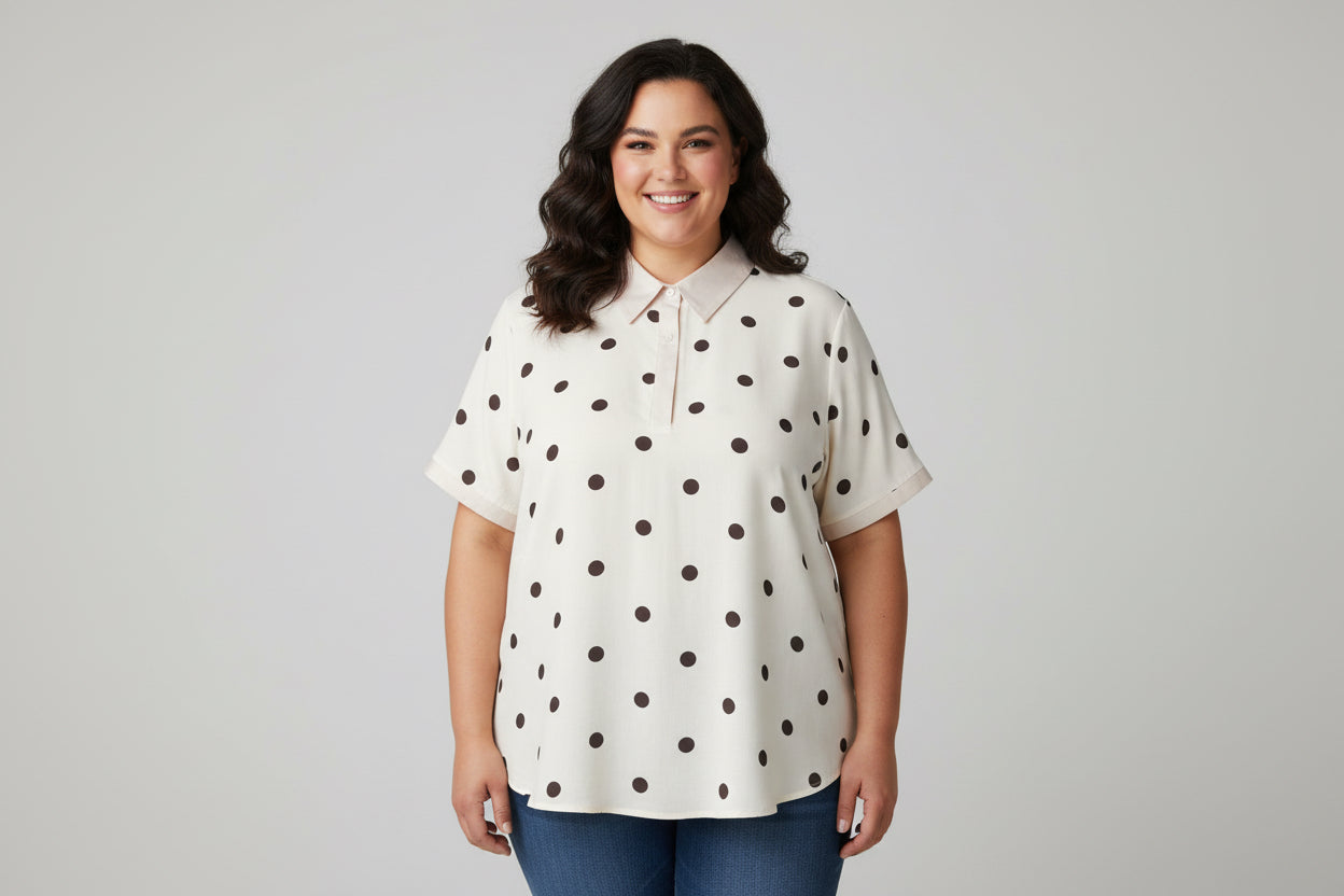Blusa Beige de Lunares Cafe para Mujer/ Blusa Elegante Casual con Cuello Camisero/ Moda Femenina en Panamá