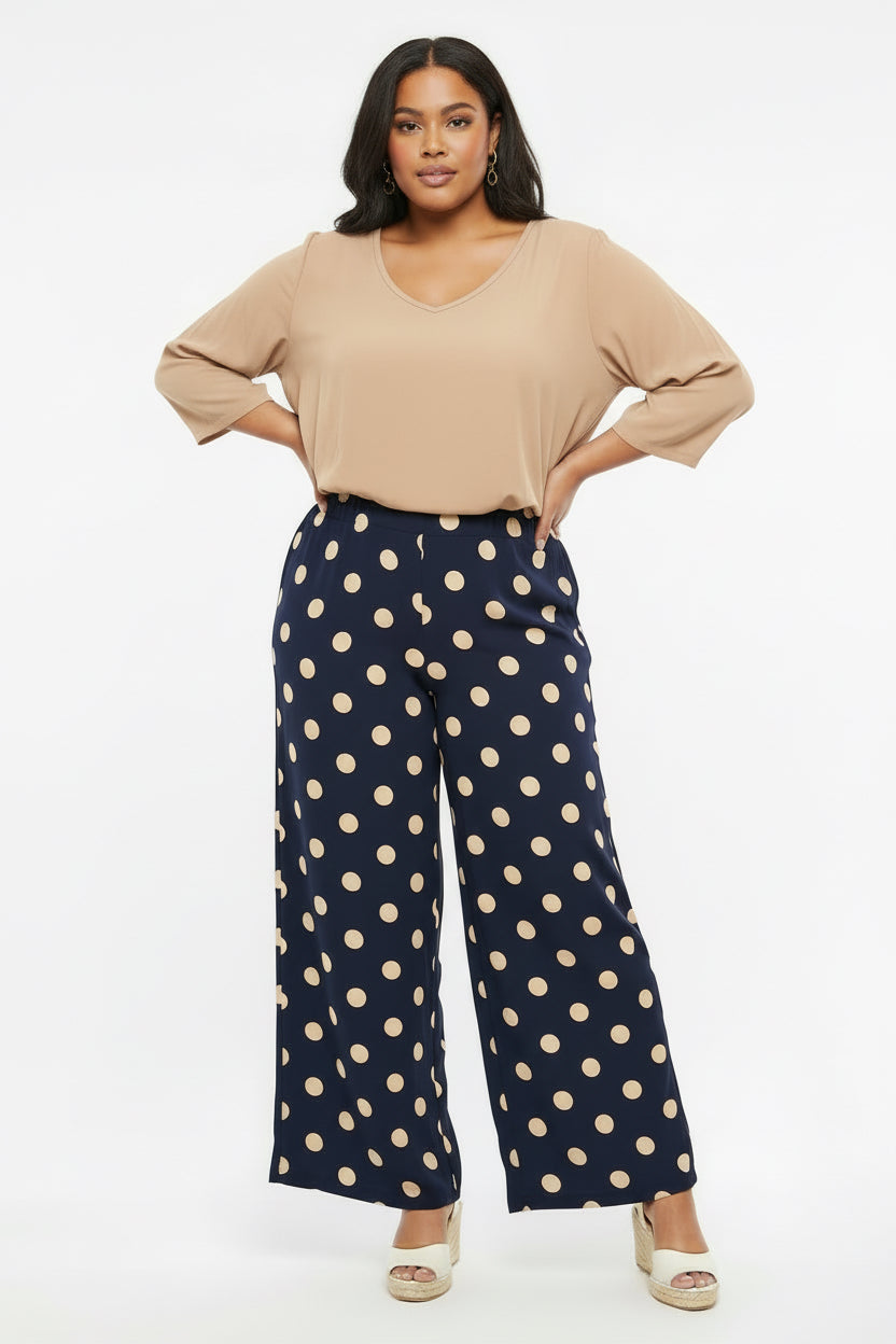 Pantalón Culotte de Lunares Para Mujer/ Pantalón Negro con Polka Dots Beige/Moda Casual Elegante en Panamá