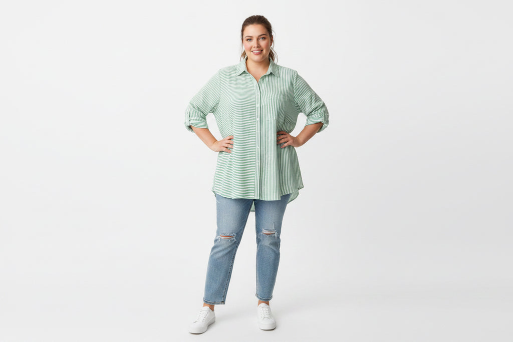 Blusa de Rayas Verde y Blanco para Mujer/ Camisa Oversize con Botones/ Moda Casual Fresca en Panamá