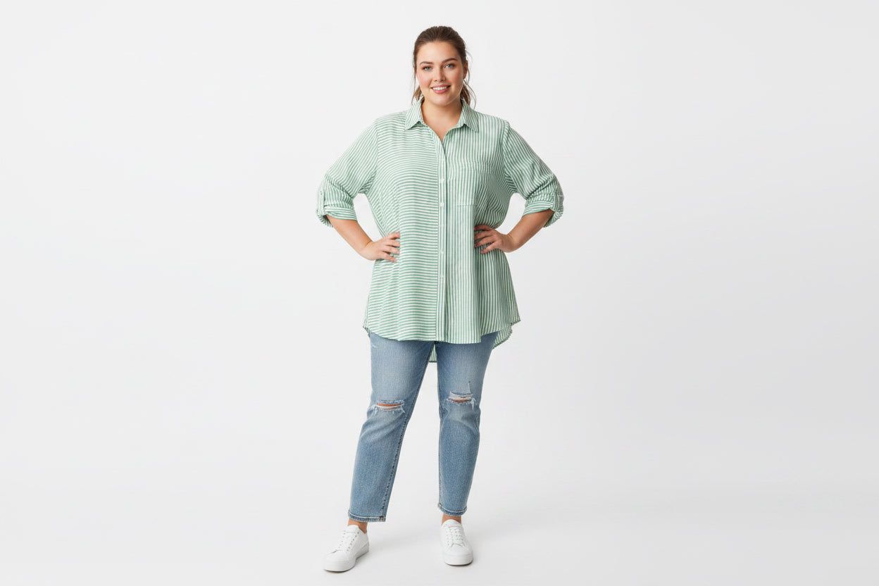 Blusa de Rayas Verde y Blanco para Mujer/ Camisa Oversize con Botones/ Moda Casual Fresca en Panamá