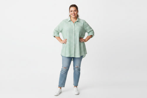 Blusa de Rayas Verde y Blanco para Mujer/ Camisa Oversize con Botones/ Moda Casual Fresca en Panamá