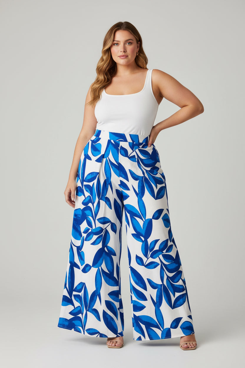 Pantalón Plus Size Palazzo Estampado Azul Tropical para Mujer/ Pantalón Ancho Elegante en Panamá