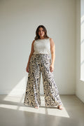 Pantalón Plus Size  Palazzo Beige con Negro Estampado para Mujer/ Pantalón ancho Elegante en Panamá