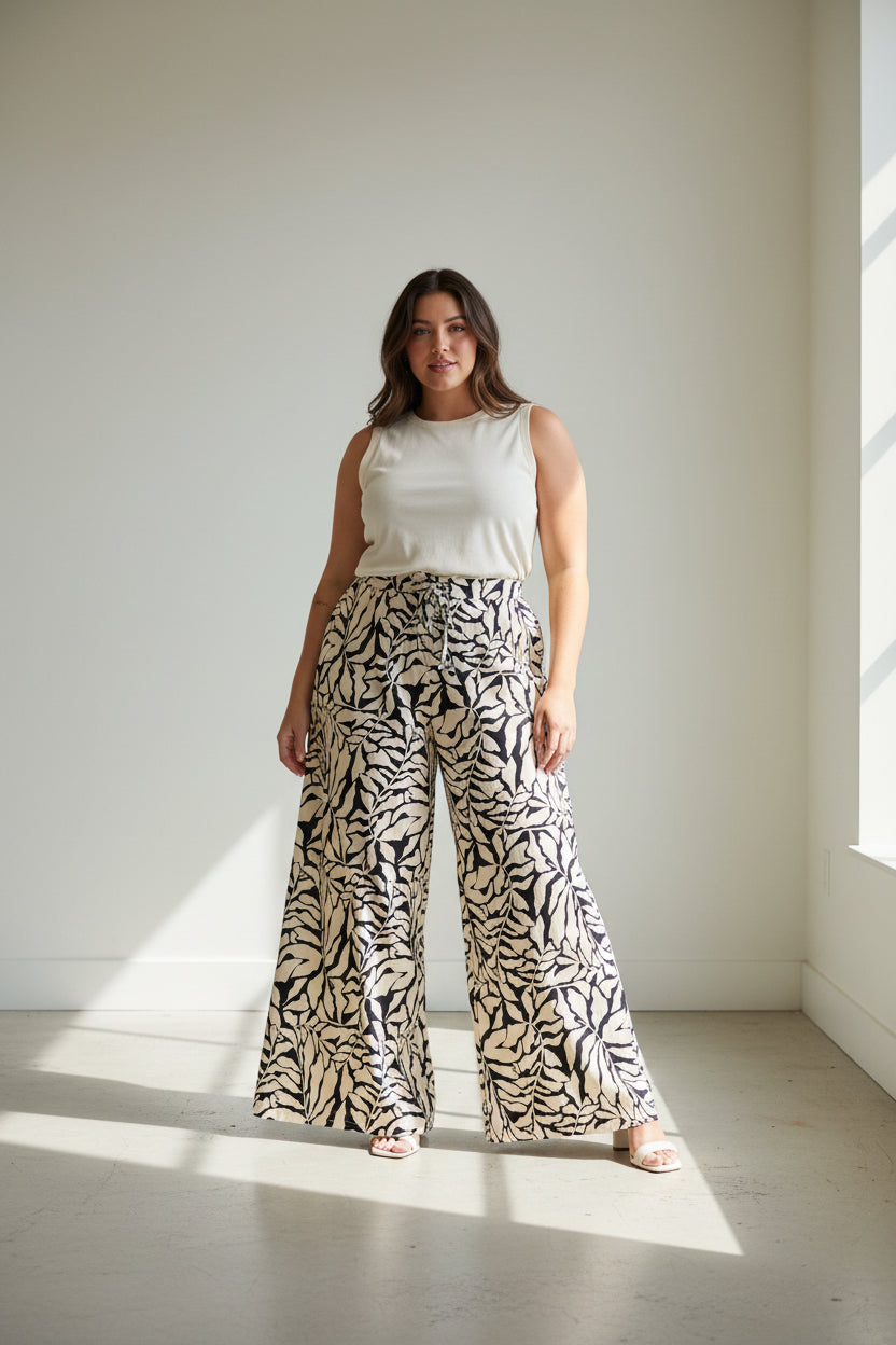 Pantalón Plus Size  Palazzo Beige con Negro Estampado para Mujer/ Pantalón ancho Elegante en Panamá