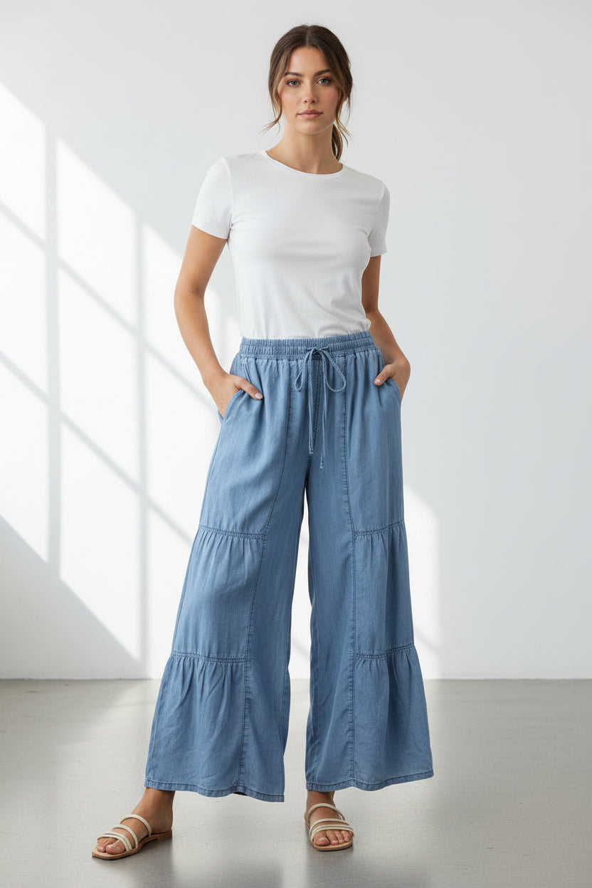 Pantalón palazzo Denim Ligero para Mujer en Panamá/Pantalón Ancho Casual y Fresco
