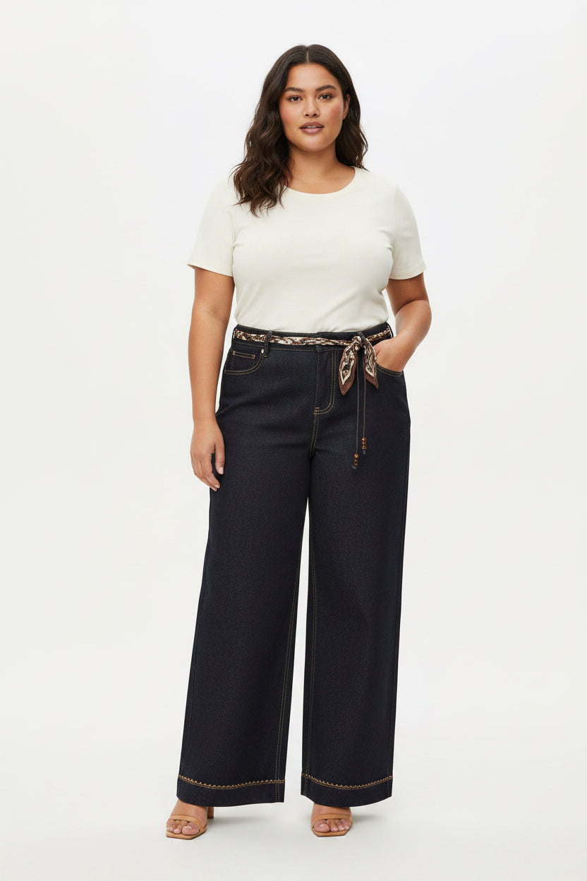 Pantalón Plus Size de Mezclilla Oscura con Cinturón | Jeans Talla Grande Mujer Corte Recto Panamá
