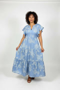 Vestido midi azul floral de algodón para mujer | Vestido casual fresco verano Panamá