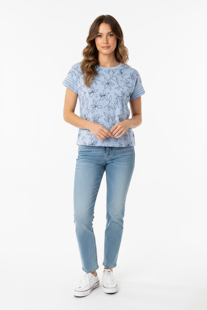 Blusa Azul Cielo Estampada para Mujer en Panamá / Blusa Casual Floral Moderna