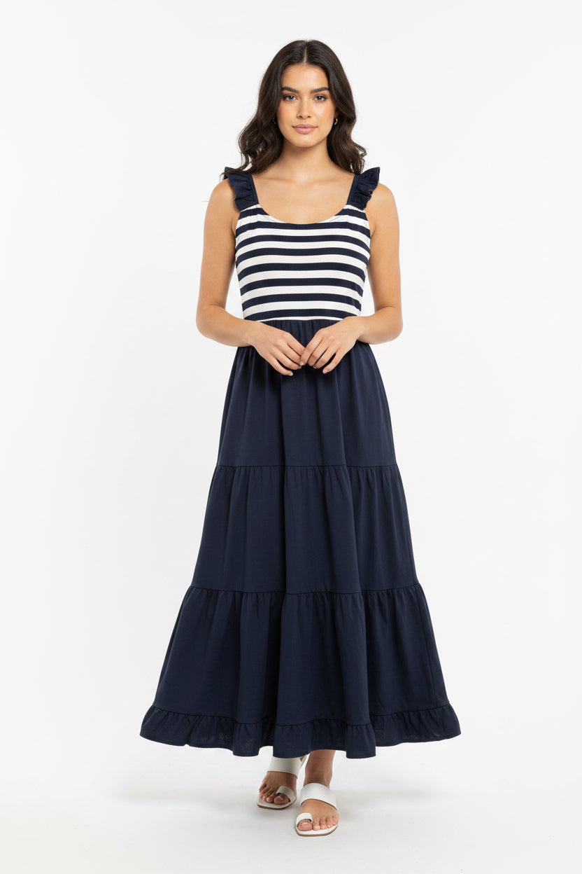 Vestido Largo de Mujer Azul Marino con Rayas | Estilo Casual Elegante en Panamá