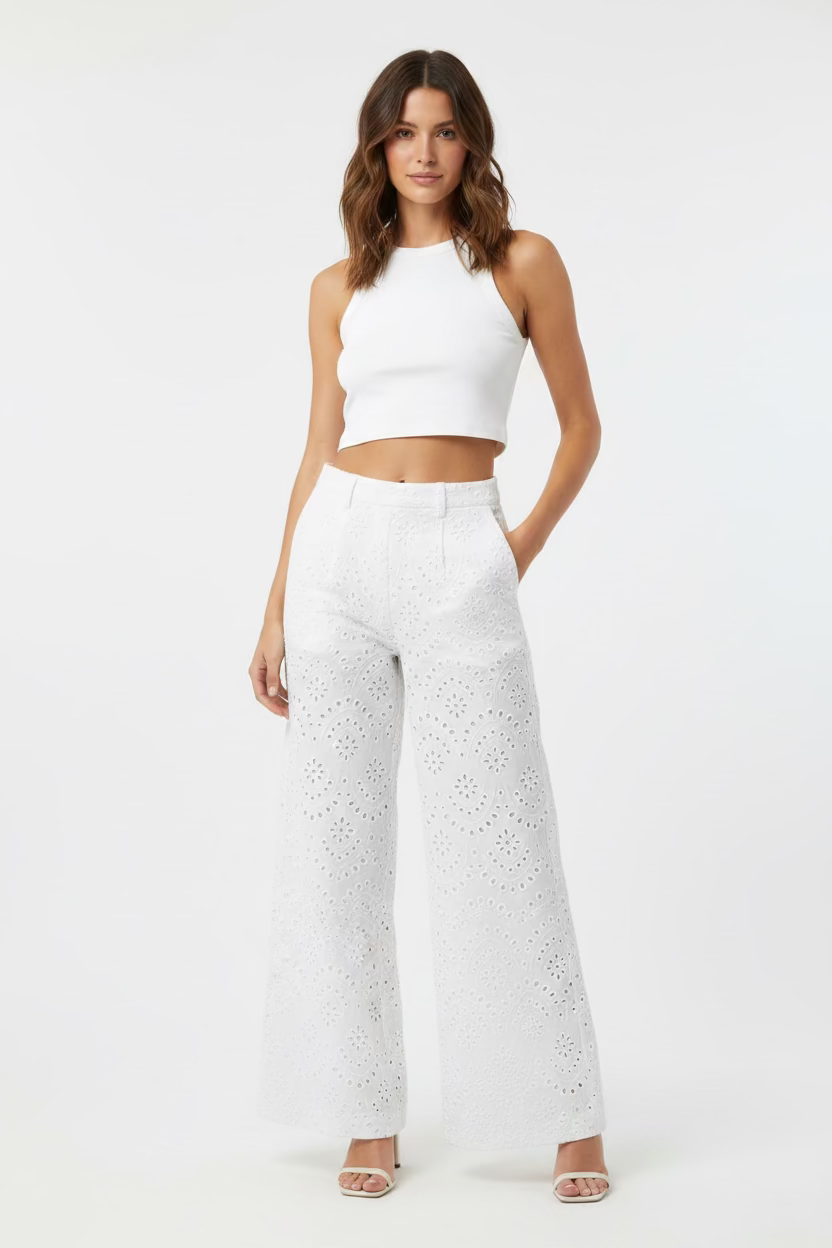 Pantalón Blanco Bordado tipo Eyelet Mujer/ Pantalón Elegante Verano Panamá / Corte Recto y Fresco