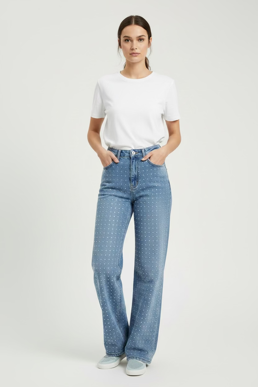 Jeans Recto con Brillos para Mujer en Panamá / Pantalón Denim Azul Tiro Alto Elegante/Tendencia Panamá