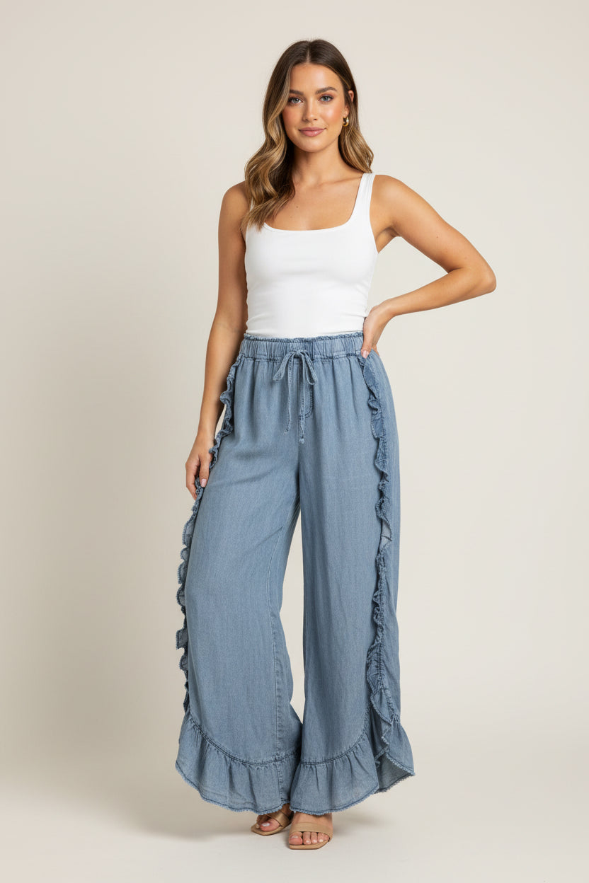 Denim Ruffle Palazzo Pants Ropa para Mujer en panama/ Effortless y Femenine