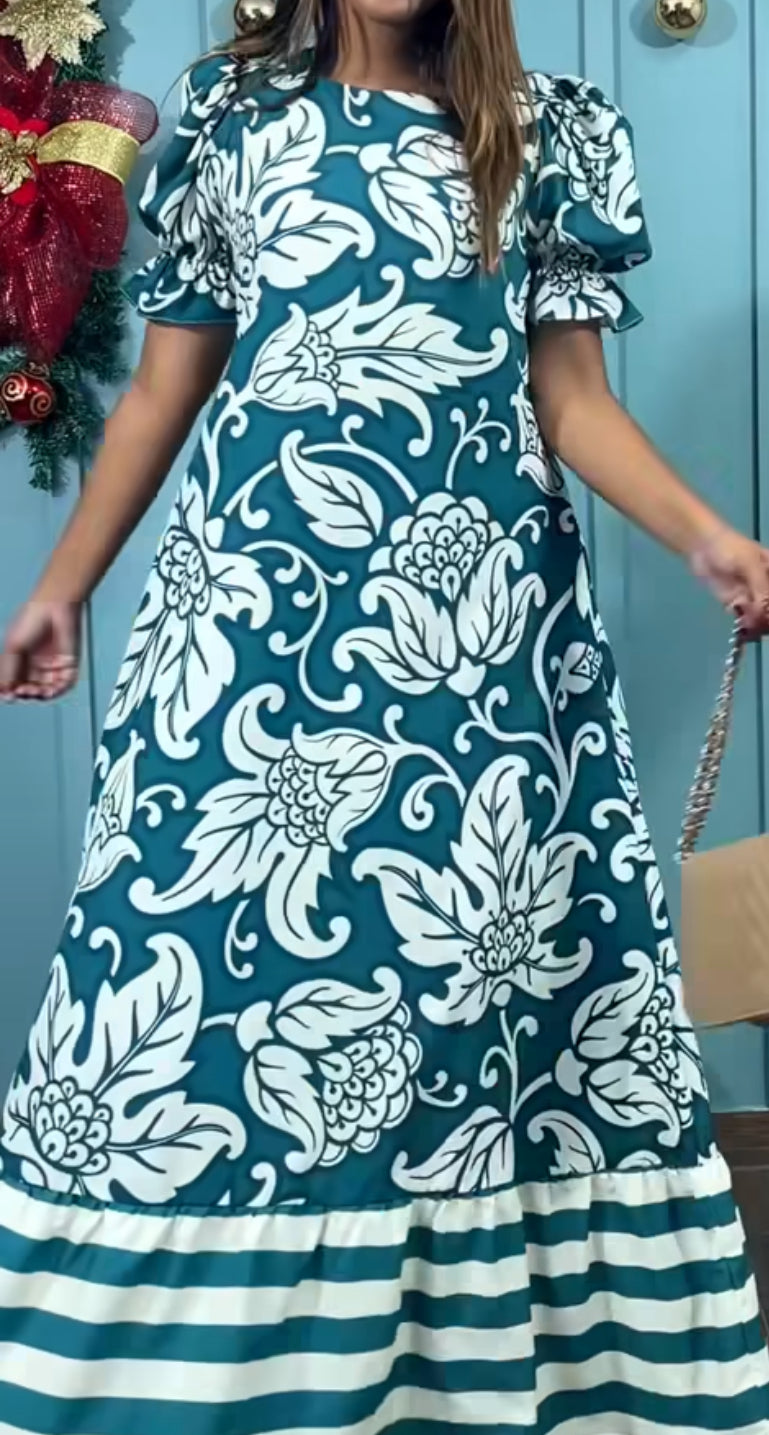 GREEN WHITE MAXI DRESS