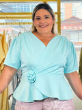 Blusa turquesa Elegante Peplum para Mujer con Detalle Floral/ Blusa Formal y Moderna en Panamá