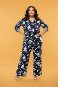 Conjunto Plus Size Floral Azul Marino para Mujer /Blusa con Botones y Pantalón Palazzo Moda Curvy en Panamá