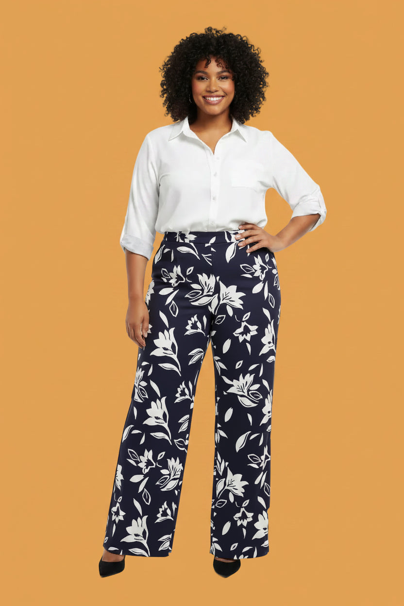 Pantalón Plus Size  Culotte Floral Azul Navy/ Tiro Alto Elástico/ Moda Mujer Panama