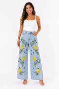 Pantalón Jeans Palazzo Bordado de Flores para Mujer | Jeans Wide Leg en Panamá