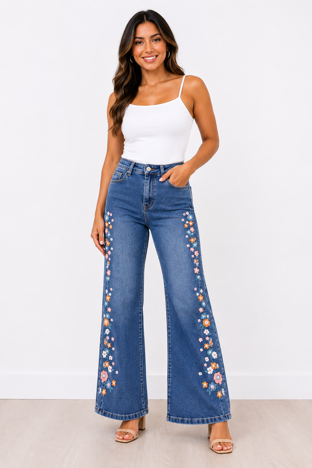 Pantalón Palazzo jean Bordado Floral para Mujer/Jeans de Moda en Panamá