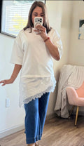 TOP BLANCO OVERSIZE CON ENCAJE/BLUSA CASUAL ELEGANTE MUJER