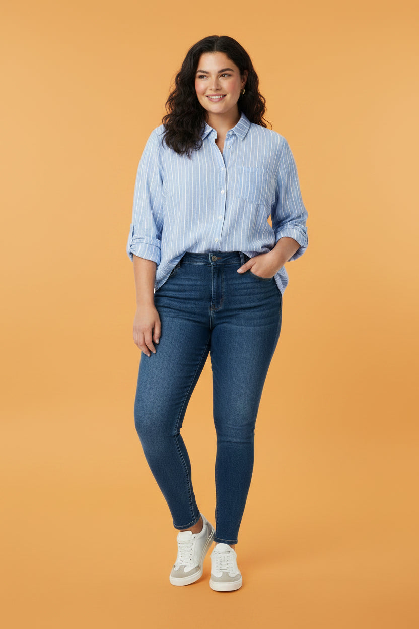 Blusa Plus Size de Rayas Azul para Mujer | Camisa Oversize Elegante en Panamá